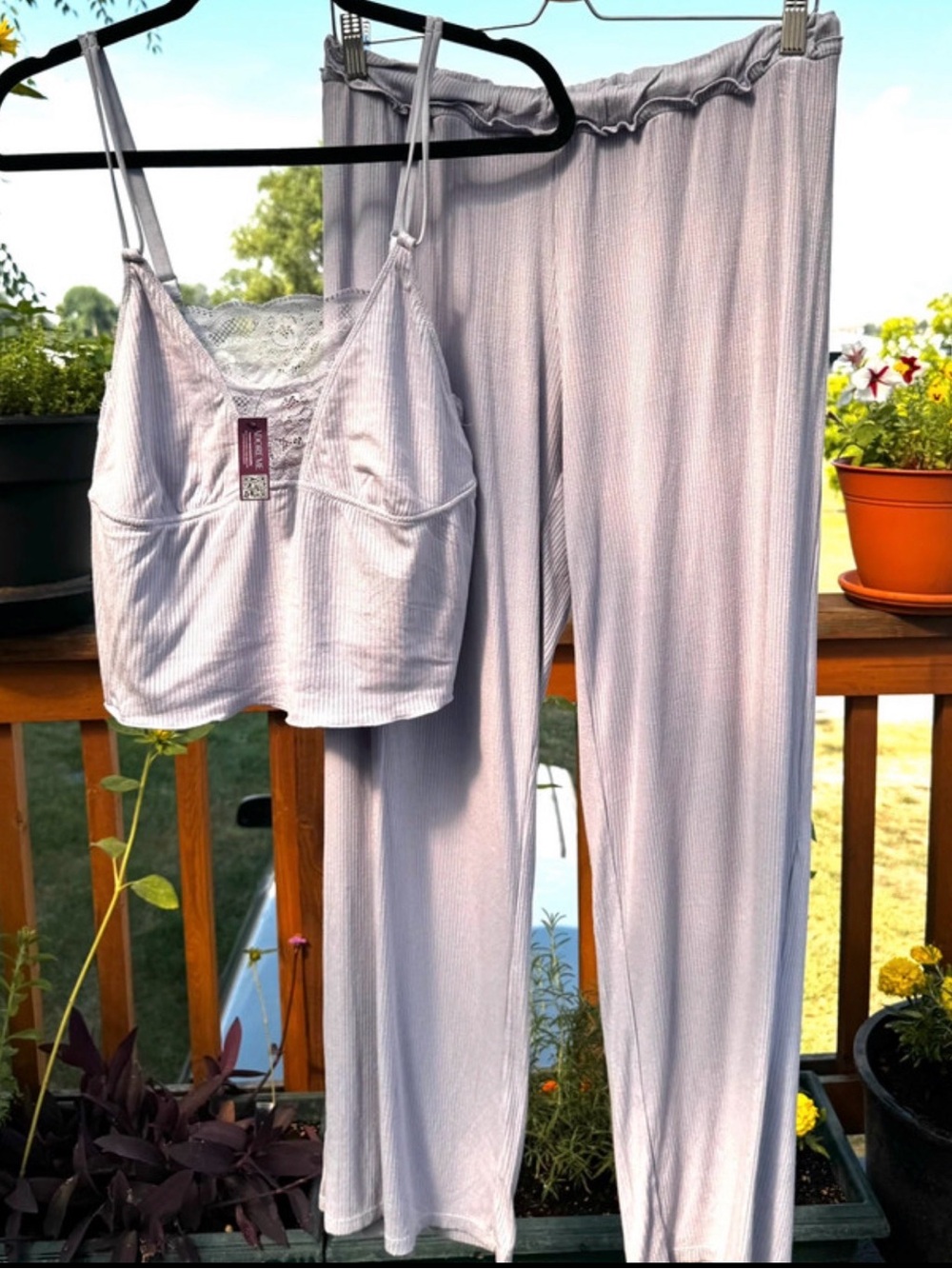 Adore Me Ribbed Lace-Trim Cami & Lounge Pants Set - Light Lavender
